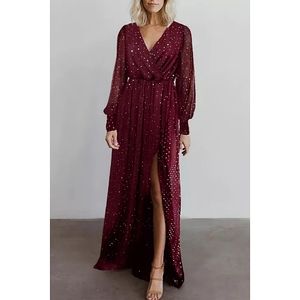 LAST ONE! Plus Size VIVICA Burgundy Long Sleeve Maxi Dress With Silver Sparkles
